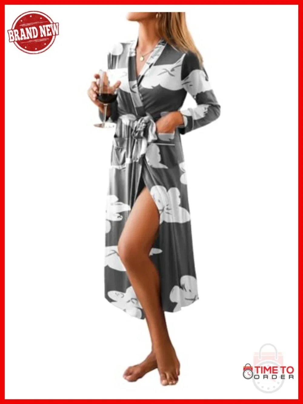 Full Length Knit Robe with Pockets, Adjustable Tie Waist, Lightweight Bathrobe